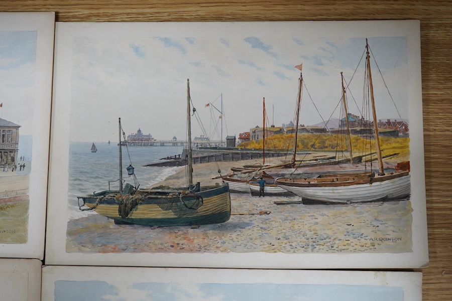 Alfred Robert Quinton (1853-1934), four original watercolours for postcards, Sussex views comprising The Pier, Bognor Regis, East Beach, Eastbourne, West Beach from the Pier and The New Aquarium Brighton, each signed, 20